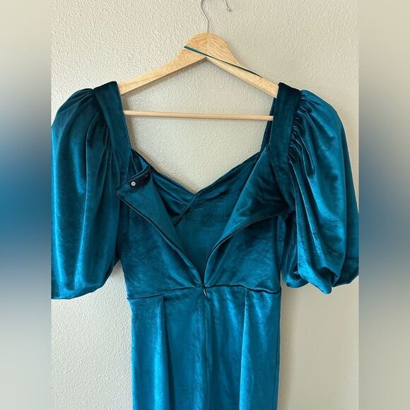 NWT Krisa Wrap Front Sweetheart Mini Dress Puff Sleeves Velvet Teal Size XS - Picture 6 of 7
